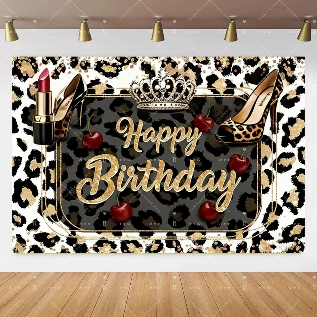Pink Cherry Leopard Theme Birthday Party Decoration Plate Cup Balloon Banner Sexy Women Girls Shiny Photography Background Gifts