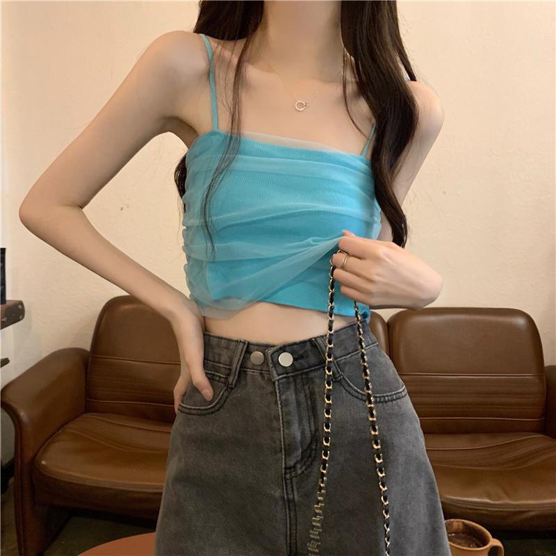 Белая сетчатая майка на подтяжках для женщин, летняя, короткая, облегающая, без бретелек