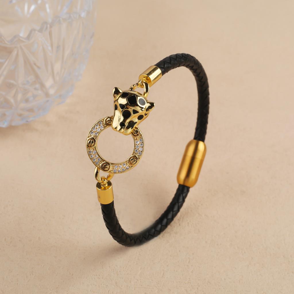 Bully Animal Style Leopard Head Braided Leather Rope Bracelet Fashion for Man Woman Stainless Steel Zirconia Zircon Daily Wear