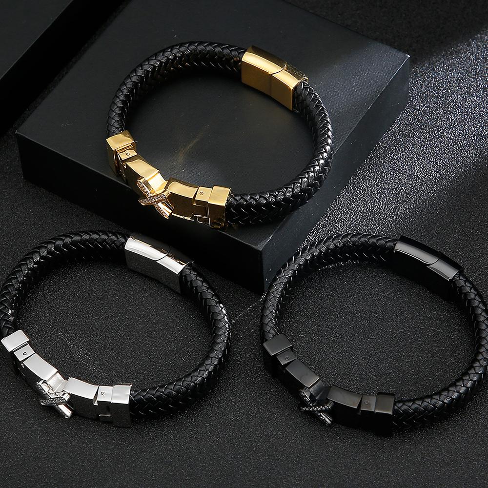 Wholesale Genuine Leather Man Bracelet Armband Heren with Magnet Clasp Button Elegant Bracelet for Men Logo Name Engraveable