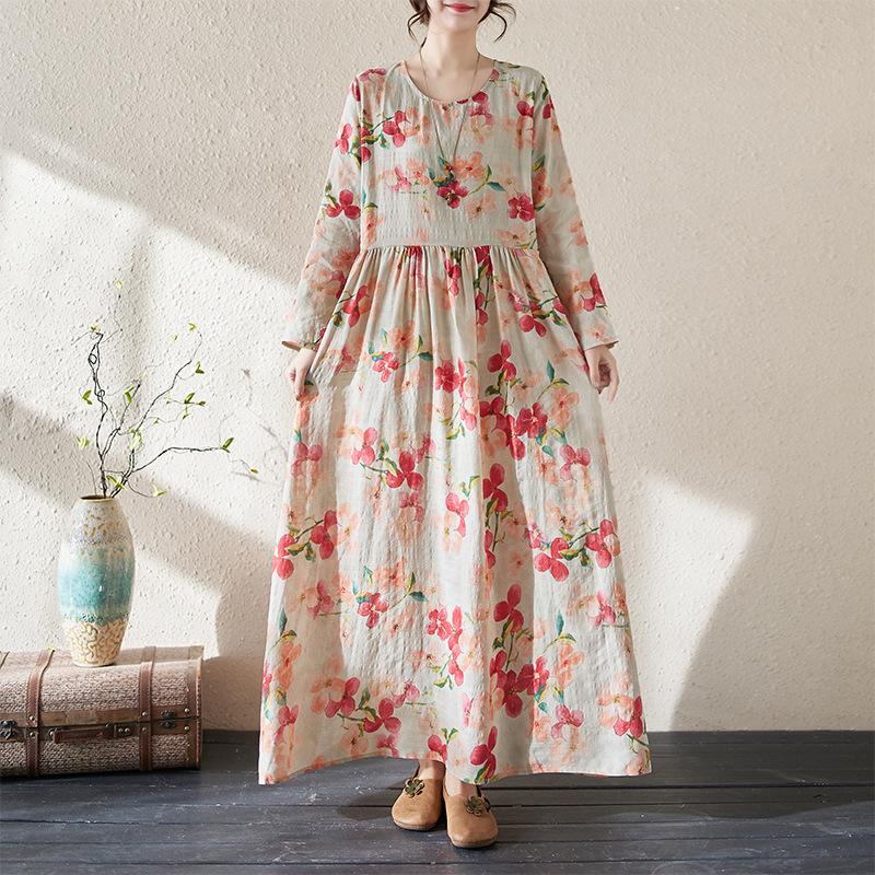 Women's Printing Long Sleeve Dresses Fashion Elegant Long Dress Loose Round Neck Beach Resort Style Casual Dresses