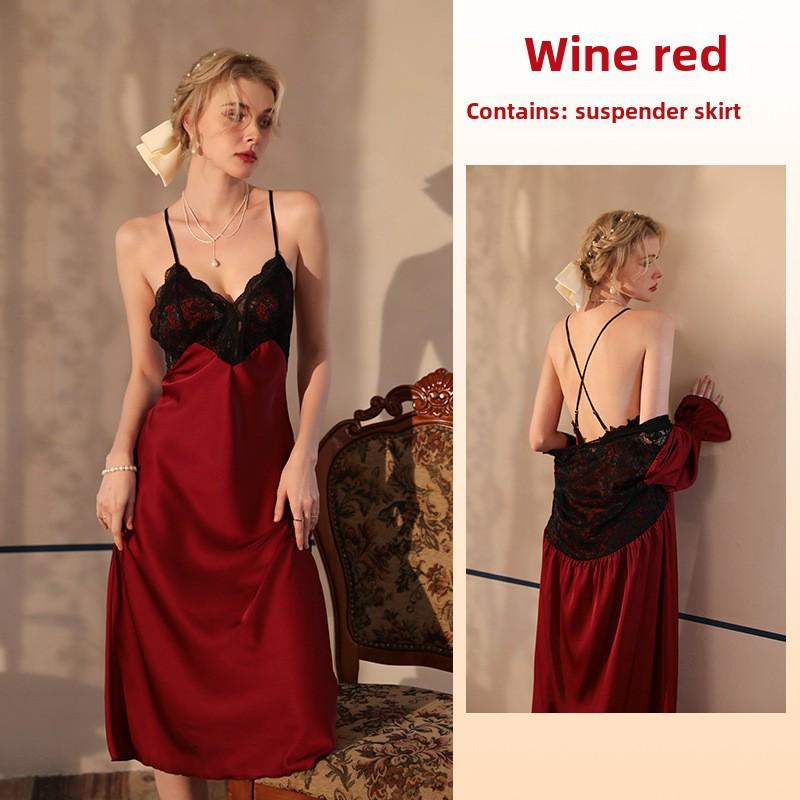 Сексуальная ночная рубашка Ice Lace Пижама Юбка с подтяжками Грудь Подкладка Свадебный халат Длинный Домашний халат