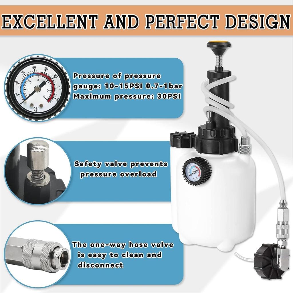 3L Liquid Brake Bleed Kit with 1L Refill Bottle & Cylinder Adapter, Vacuum Pump Bleed Pressure 10-30 PSI for Car Clutch Pneumatic A B S Systems