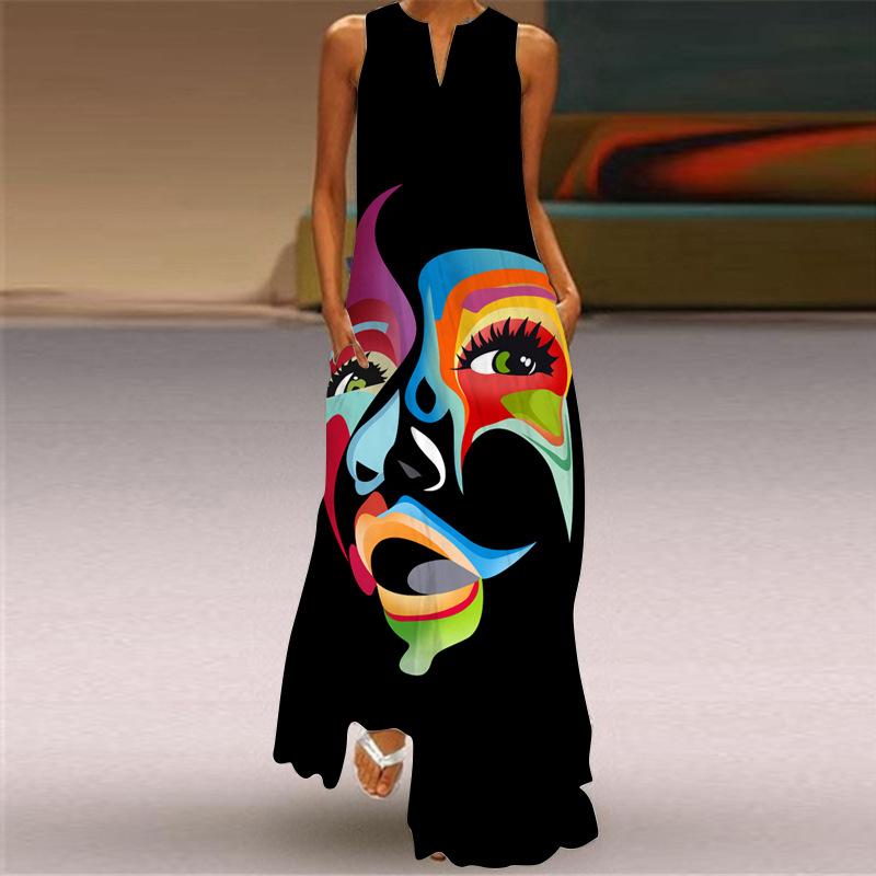 2026 New Summer Women's Sleeveless V-Neck Printed Sexy Dress Long Dress European and American Women's Clothing