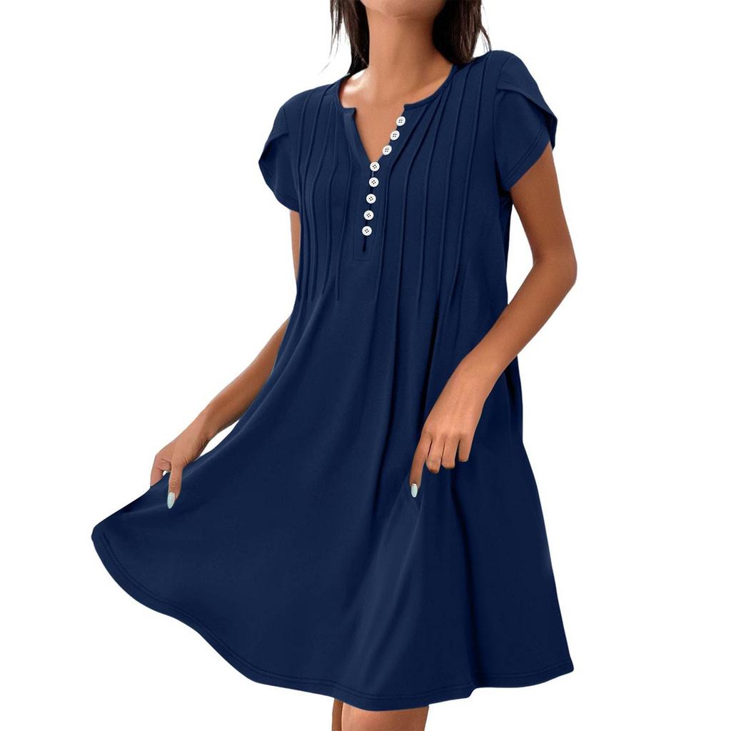 Women's Fashion V-Neck Color Pullover Comfortable Casual Button Down Dresses