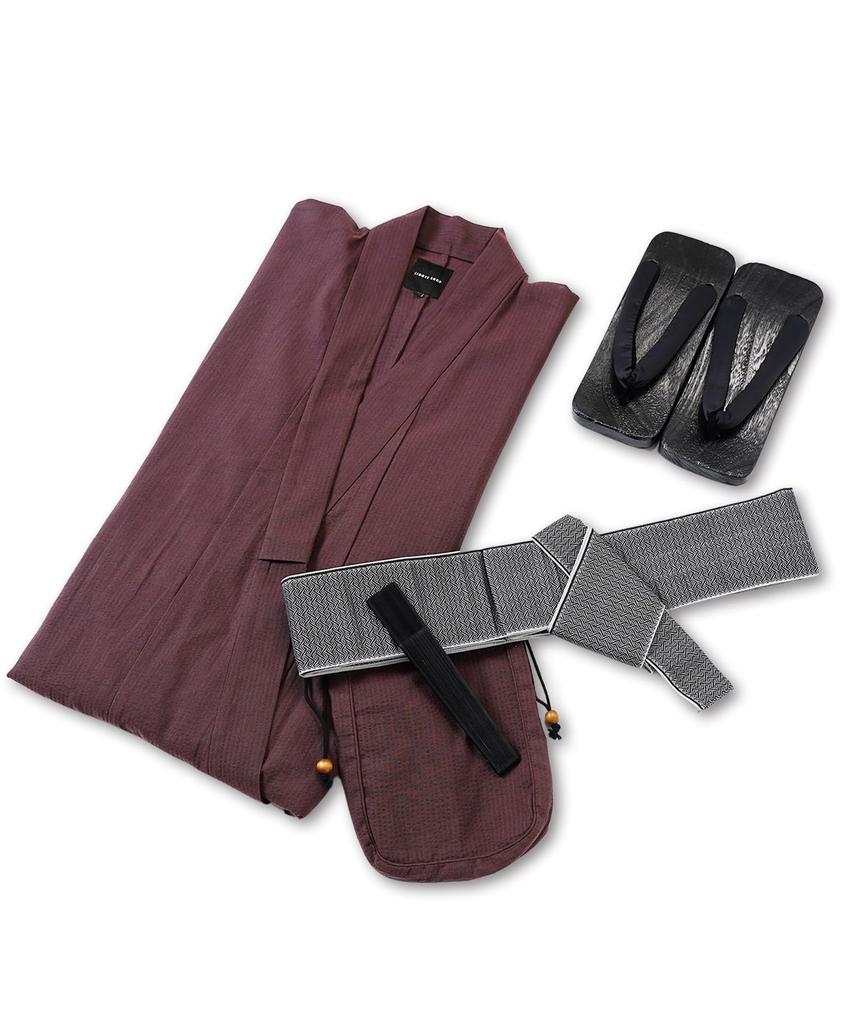 Yukata 6 Piece Set Shingen Waist XL I Red Brown Shijira Easy To Yukata Summer Japanese Japanese [Rochelle] Men's (Yukata, Obi, Geta, Bag, Fan, Belt)