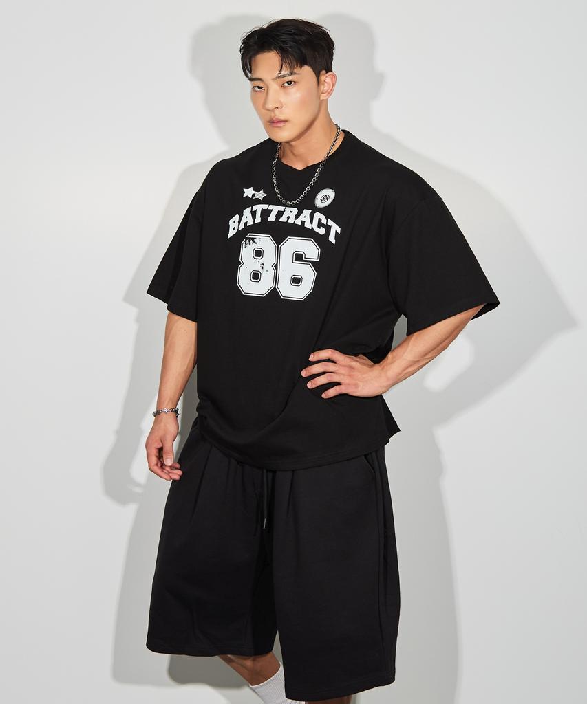 BATTRACT 86 Rugby Style Oversized Short Sleeve T-Shirt_Black