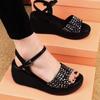 Heel Middle Heel Sandals Women's Summer New Muffin Thick-soled Waterproof Table Versatile One-word Buckle Sequined Large Size Sandals