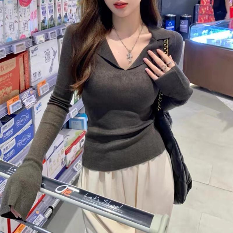 DAFIFY Женская мода повседневная осень-зима однотонный принт длинный рукав V-образный вырез свитера