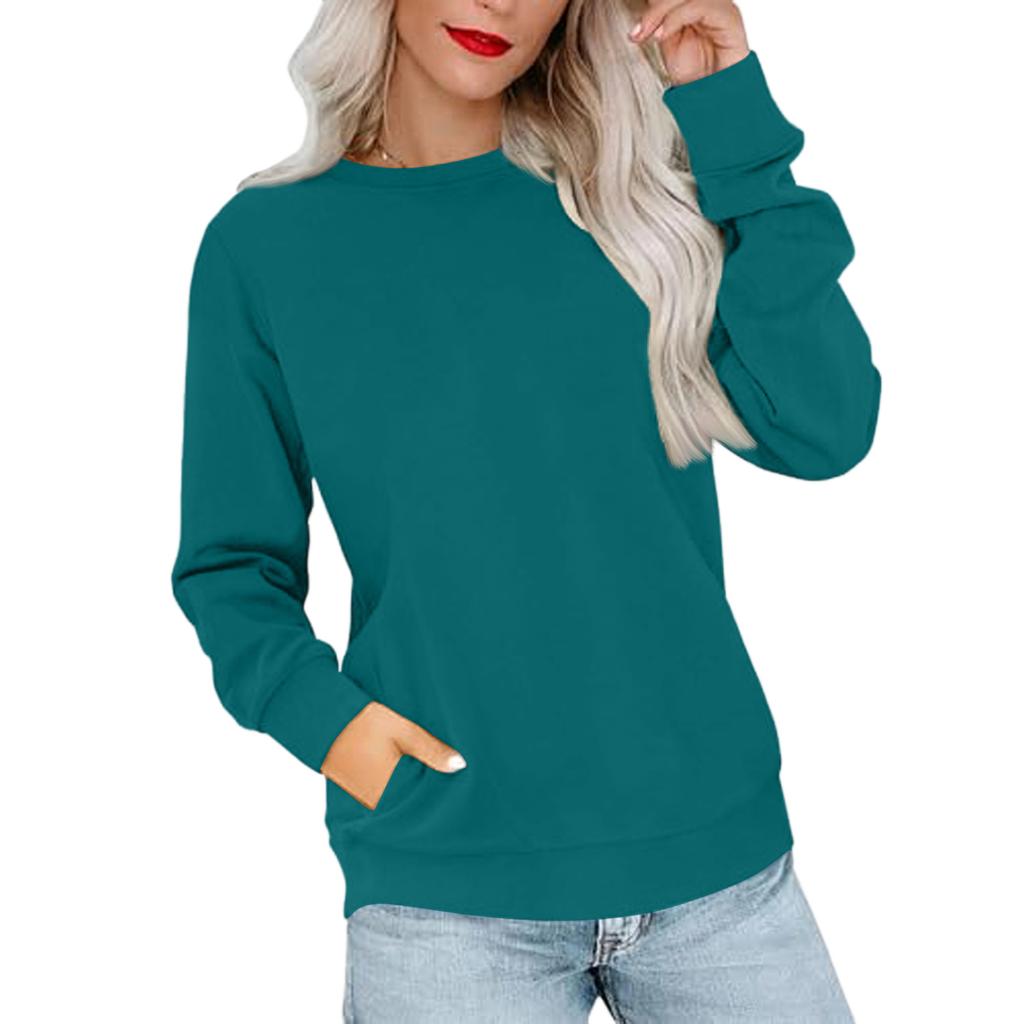 Women's Casual Fashion Solid Color Neck Long Sleeve Sweatshirt Lightweight Pullover With Side Pockets Warm Sweatshirt
