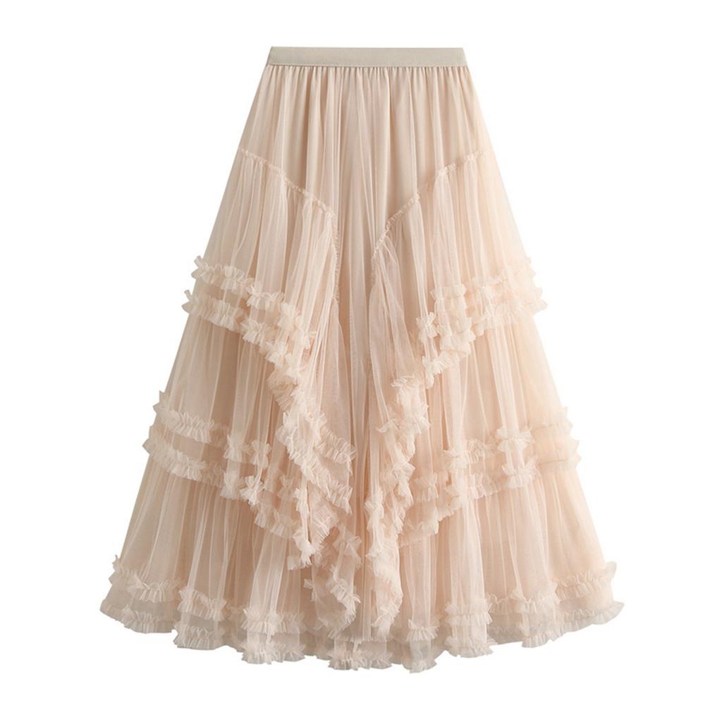 Женская модная повседневная однотонная юбка с высокой талией и оборками из сетки длиной до пола