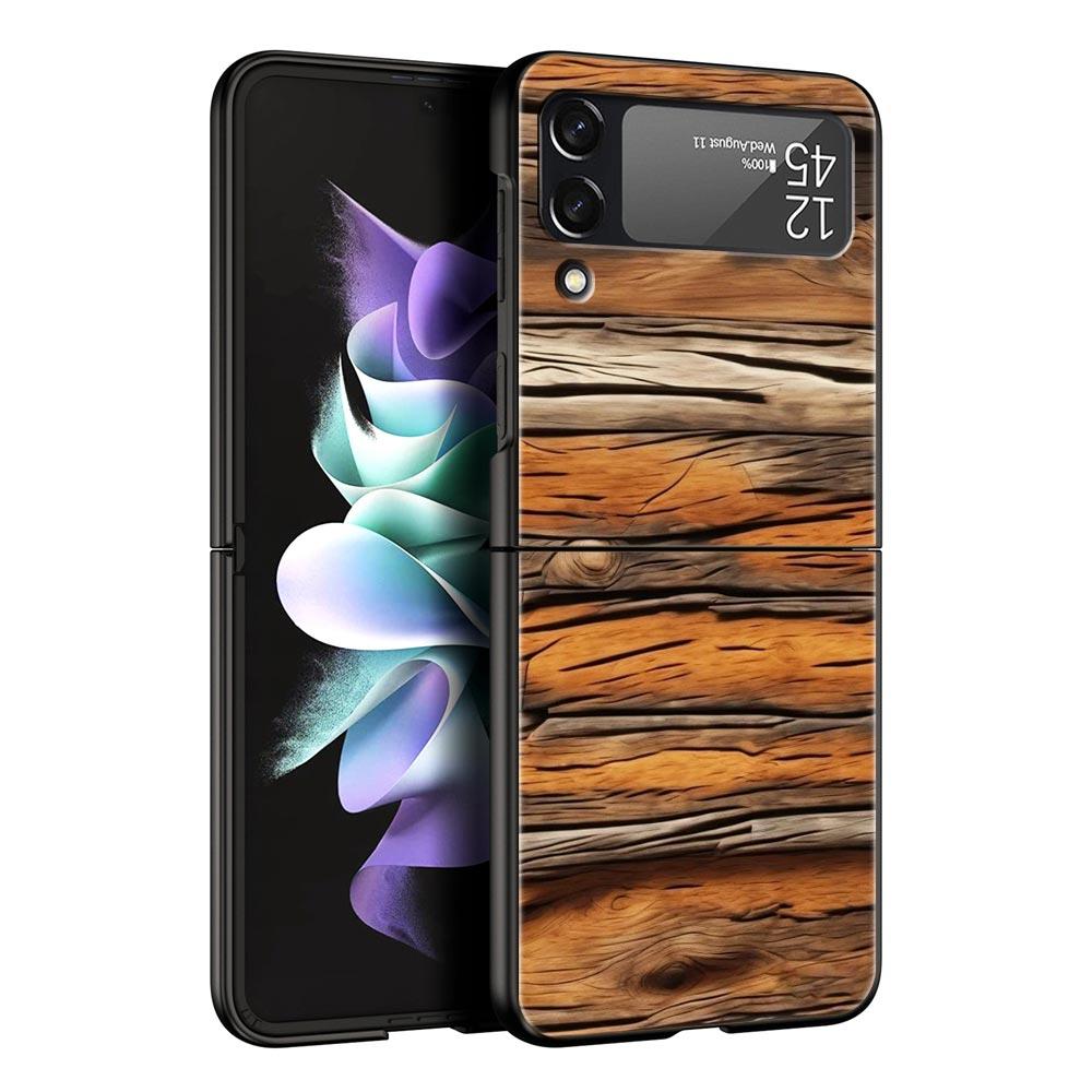 Luxury Vintage Wood Grain Pattern Hard PC Phone Case For Samsung Galaxy Z Flip 7 6 5 4 Black Cover For Galaxy Z Flip 3 Foldable
