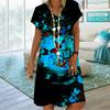 Summer Fashion V-neck Dress Ladies Short Sleeve Orange Flower Sea Butterfly Printed Dress Loose Casual Dress for Women