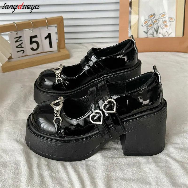 Модные лоферы с цепочкой, женские туфли на платформе, осенние новинки, туфли Мэри Джейн на высоком каблуке, туфли-оксфорды с круглым носком, женские туфли в стиле «Лолита»