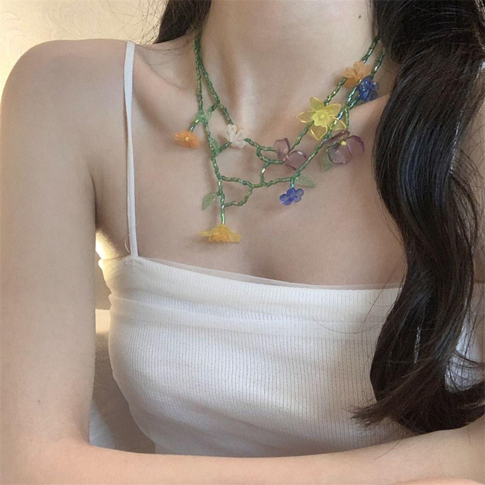 Korean Style Resin Flower Necklace Minority Design Asymmetric Earrings Beaded Dangle Earring  Women