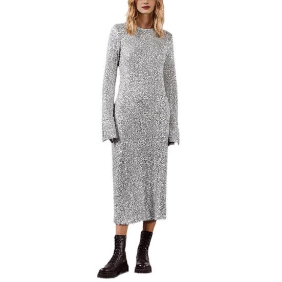 Женское весеннее платье с блестками и круглым вырезом, с длинным рукавом, свободное платье миди с открытой спиной, женское осеннее платье для выпускного вечера, вечеринки, свидания