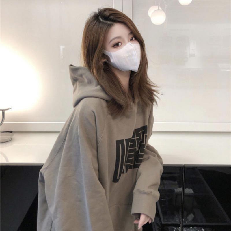 Autumn Winter Casual Fashion Vintage Printing Hoodies Women All-match Velvet Pullover Hooded Sweatshirt Top