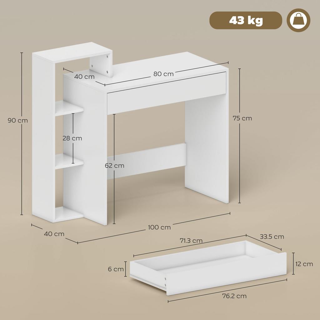 Desk with Storage, Computer Desk with 3 Open Shelves and Drawer, Workstation, Computer Table, White