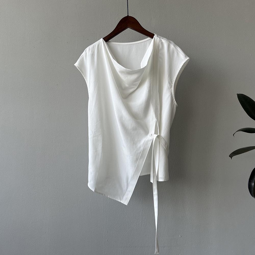 Женская рубашка Yanshuang в корейском стиле из тенселя без рукавов с воротником-стойкой, завязкой на талии и разрезом - лето 2024 г.