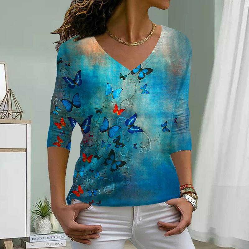Autumn Butterflies Print Women Tshirts Ladies Tops Long Sleeve V-neck Pullover Femme T-shirts T Shirt For Women