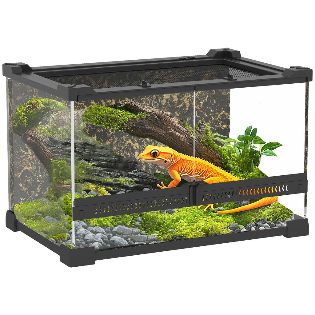 Reptile Glass Terrarium With Stone Background Front Ventilation Escape Proof Knob Lock 30 X 20 X 20 Cm Black