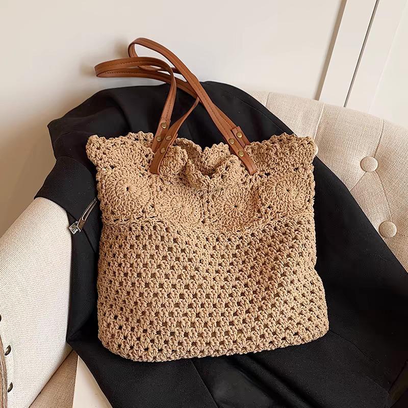 Versatile Shoulder Cotton Thread Straw Bag, New Hand-woven Bag, Large Capacity Tote Seaside Vacation Beach Bag