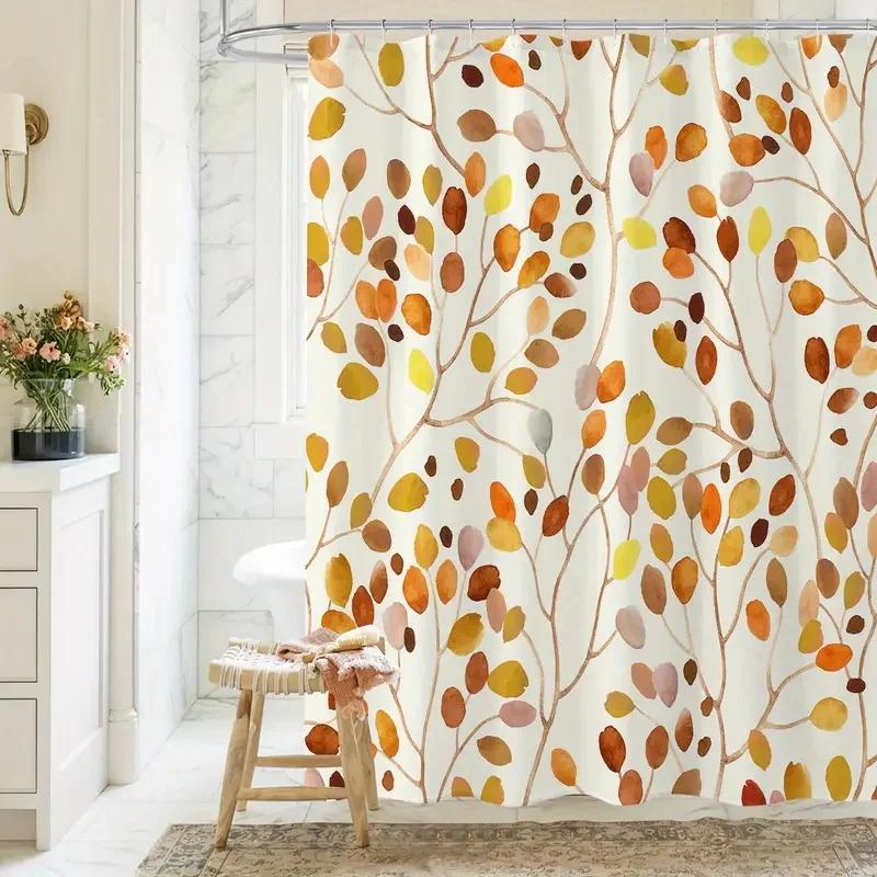 1PC of plant print shower curtain with plastic hook - modern abstract floral design, chic bathroom décor
