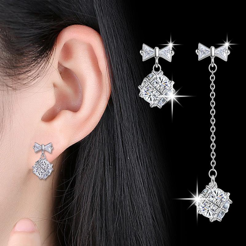 Womens Korean Fashion 925 Silver Plated Anti-allergy Square Zircon Crystal Rubik's Cube Candy Bows Dangle Drop Earrings Female Ear Jewelry Xmas Gift