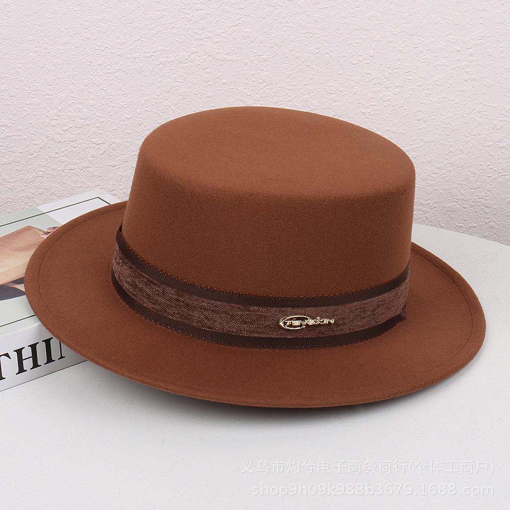 French fashion new autumn and winter versatile elegant retro flat top hat women's fashion woolen temperament personalized jazz hat