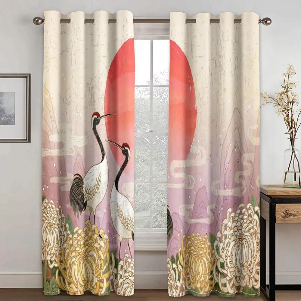 Japanese Beautiful Crane Sun Wave Mountain Cloud High Shading Drape Bedroom Space Space Living Room Hotel Window Opening Curtain 2 Panels Blackout