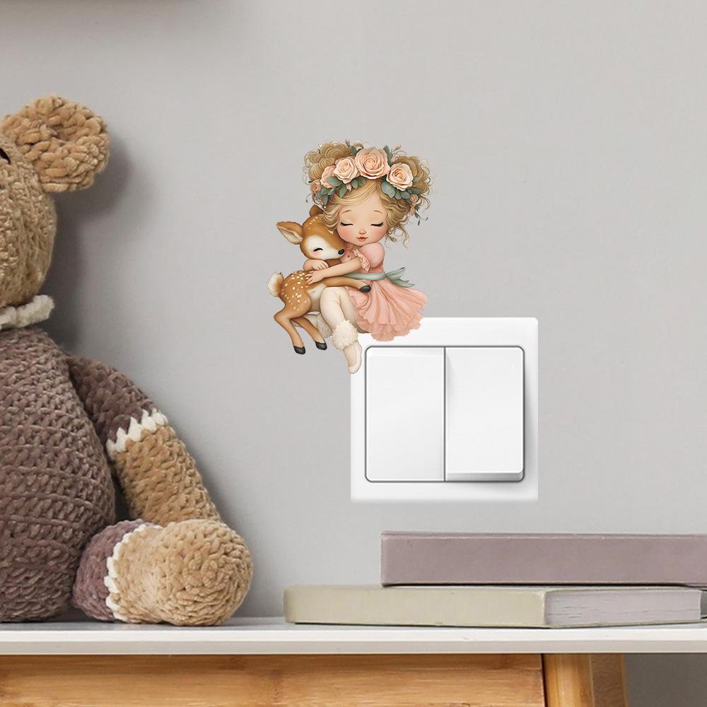 Wholesale of Cartoon Garland Girl Deer Hugging Children's Room Home Wall Switch Decorative Stickers