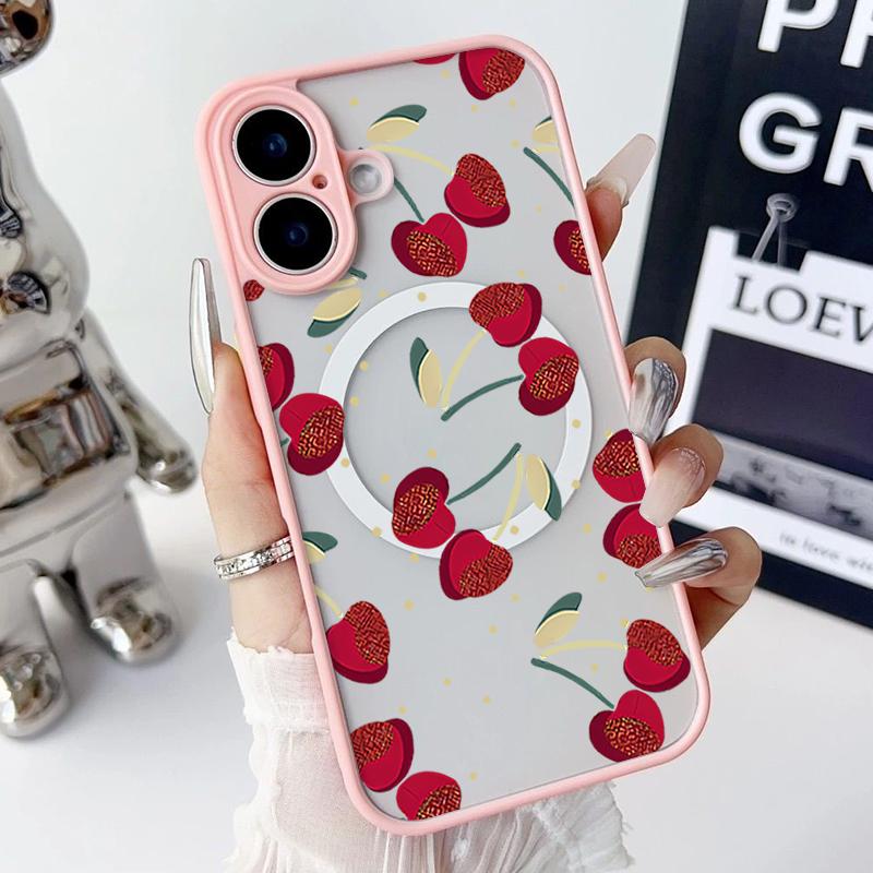 Cherry Pattern Magnetic Shockproof Phone Case for iPhone 16 15 14 Plus 13 12 Pro Max 11 Acrylic Hard Clear Plain Color Soft Edges Lens Protection Case