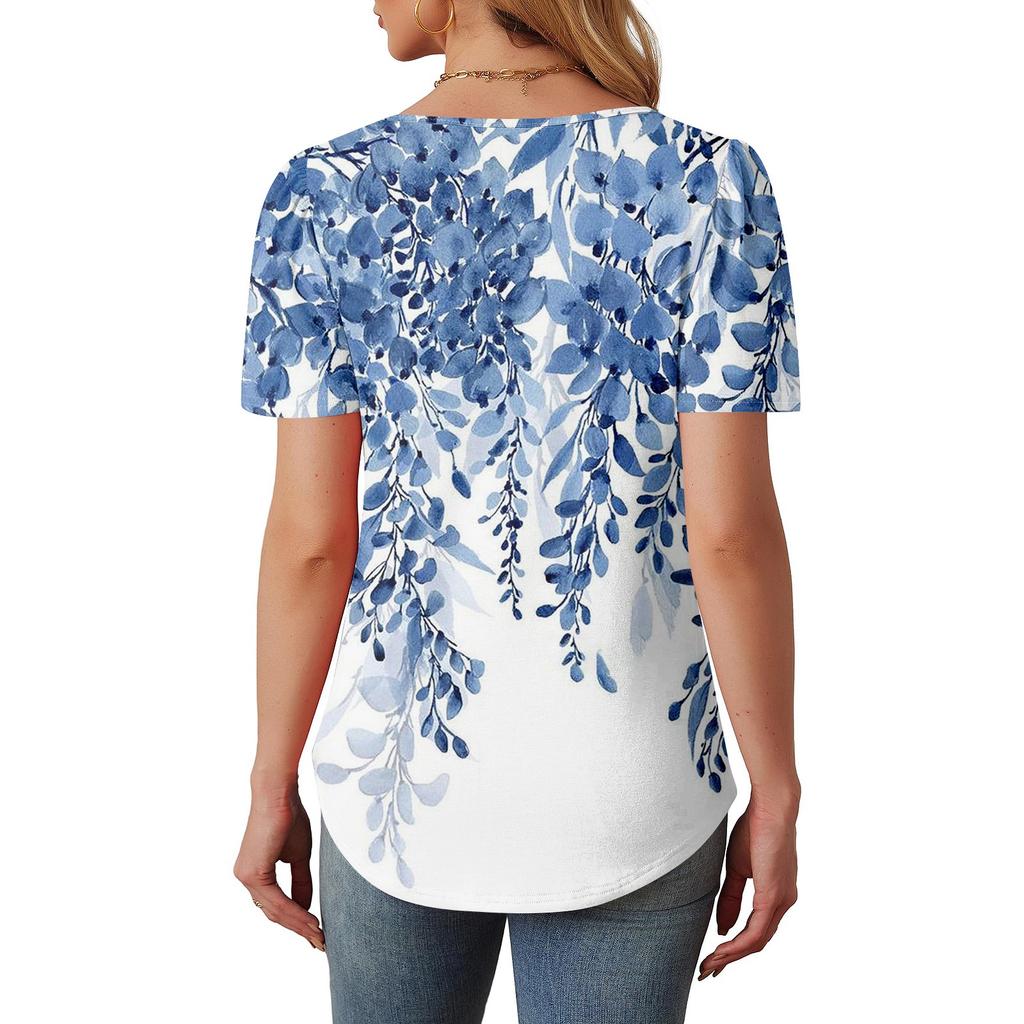T Shirts For Women Pleated Round Neck Dressy Casual Blouses Printing Short Sleeve Summer Tops Loose Fit