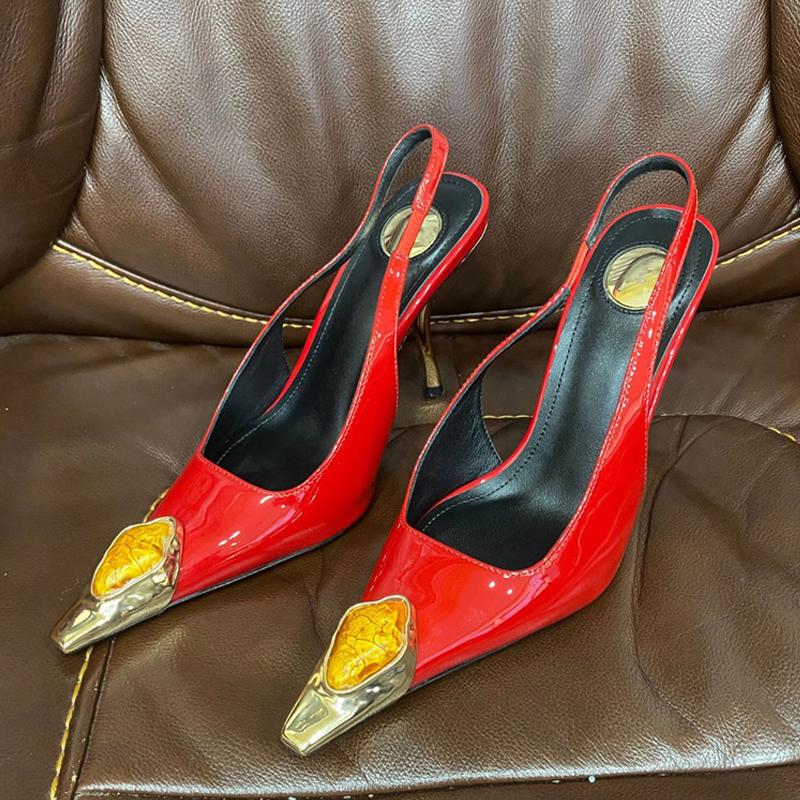 Liyke Подиумная мода драгоценный металл острый носок лакированная кожа женские туфли-лодочки красные туфли на высоком каблуке свадебные туфли сандалии с открытой пяткой размер 42