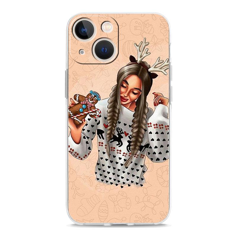 Christmas Art Girls Coffee Transparent Phone Case For iPhone 15 14 13 12 11 Pro Max XS X XR SE 7 8 Plus TPU Lens Protect Cover