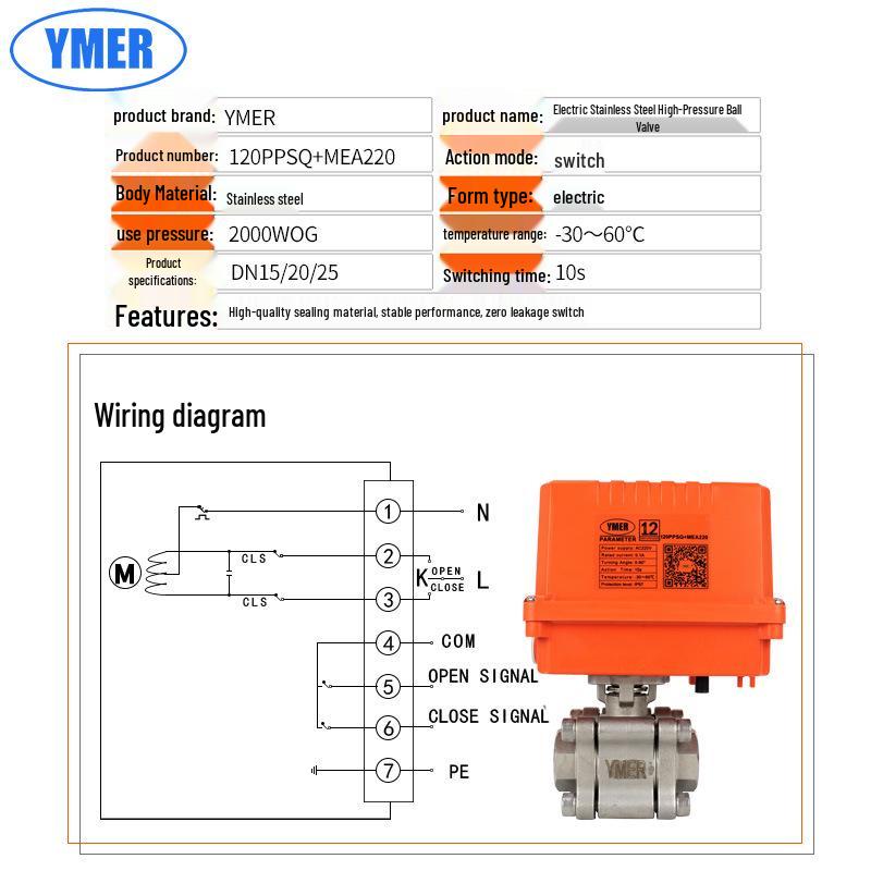 YMER Stainless Steel Electric Three-Piece High-Pressure Internal Thread Ball Valve, 120 kg Pressure, 4mm/6mm Connections