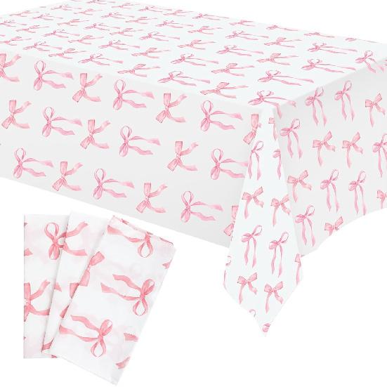 Oudain 3 Pcs Pink Bow Table Cloth 54 x 108 Inch Coquette Bow Table Cover Rectangle Pink Tablecloth Disposable Tablecovers Coquette Party Decorations