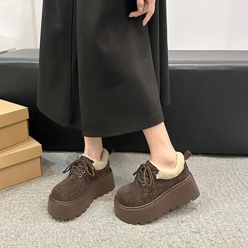 Женские замшевые мокасины на платформе, туфли на плоской подошве, женская мода 2025 года, повседневная мода, зимние теплые короткие плюшевые сапоги