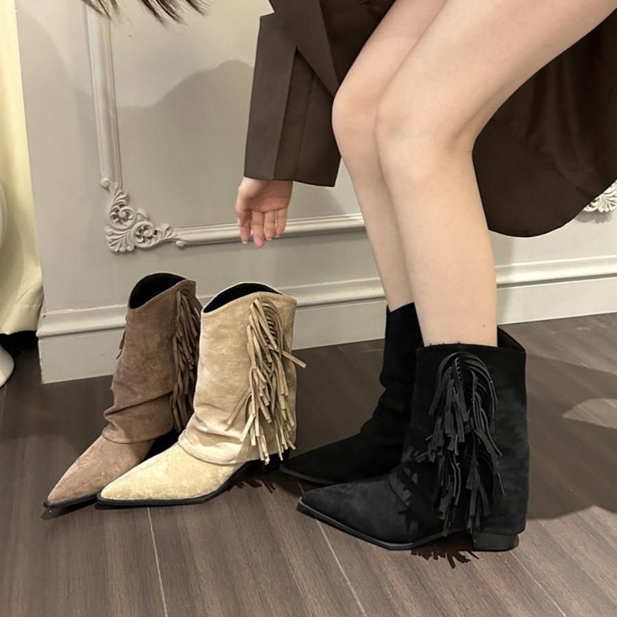 Coarse heel V-mouth western cowboy boots women's boots 2025 new spring and autumn versatile pointed retro spring and autumn short boots