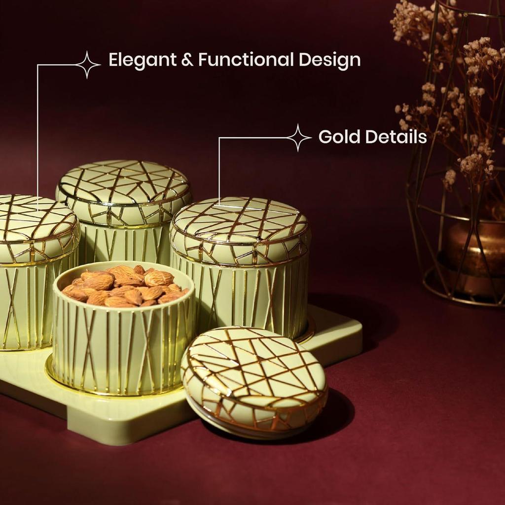Tray Set - 4 Pieces (450Ml), Lime Green Polypropylene with Luxurious Gold Foil Embellishments Perfect for Diwali Gifting, Premium Food Storage