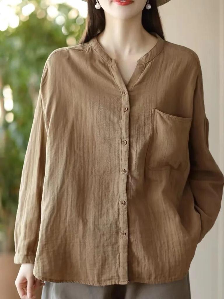Johnature Женские винтажные двойные хлопковые рубашки с v-образным вырезом и длинными рукавами, однотонные мягкие блузки, весенние свободные рубашки