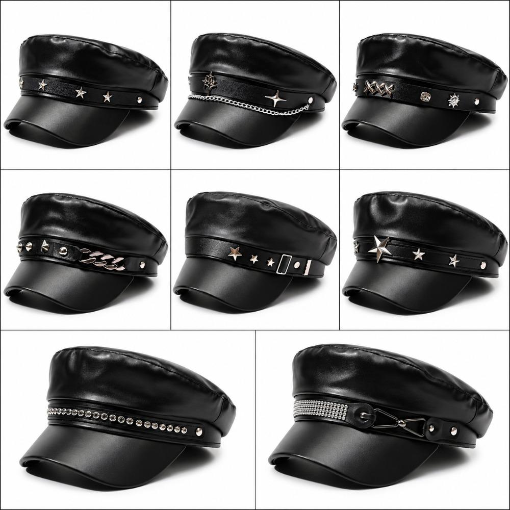Black Painter Hat PU Leather Newsboy Cap Retro Beret Hat