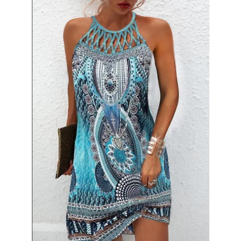 GMXIA National Style Positioning Print Mesh with Sleeveless Casual Dress for Women