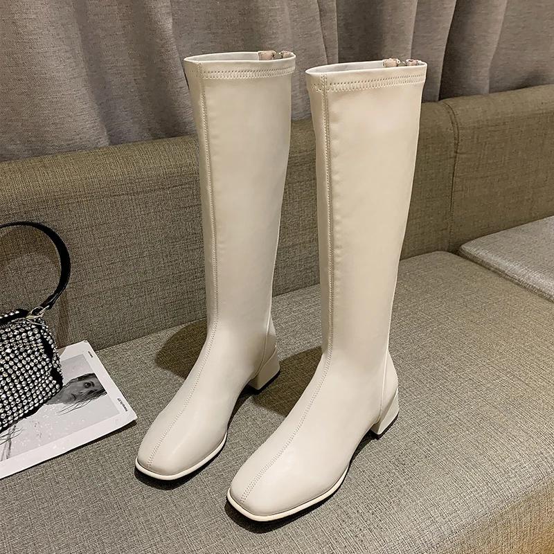 Fashion Winter Woman Knee-High Boots Fashion Comfort Soft Leather Square Low Heel Long Booties 2024 Trend Add Fur Women's Boots