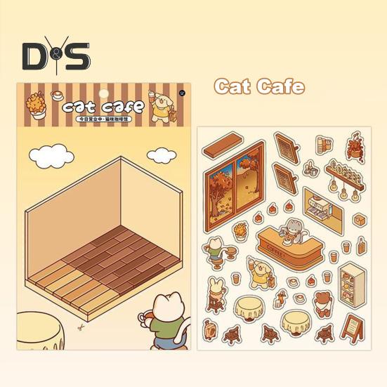 4 Set 3D DIY House Scene Stickers Stress Relief Decals Supermarket Coffee Shop Bookstore Sun Room Library Tear-resistant Surface Stickers