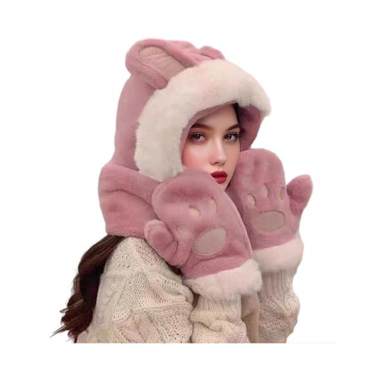 Women Hat Rabbit Ear Decor Thickened Warm 3 In 1 Hat Scarf Gloves Hiking Outings Shopping Winter Headwear