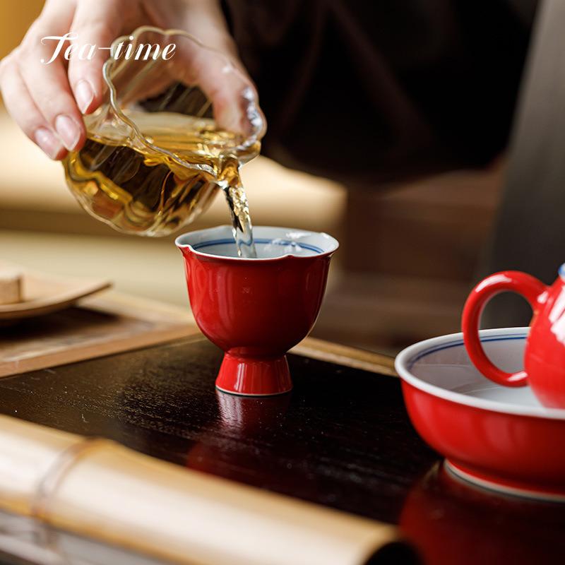 Hand Painted Double-Line Ceramic Tea Cup Forbidden City Red Waist Tea Cups High-foot Teacups Mate Puera Unusual Porcelain Maker
