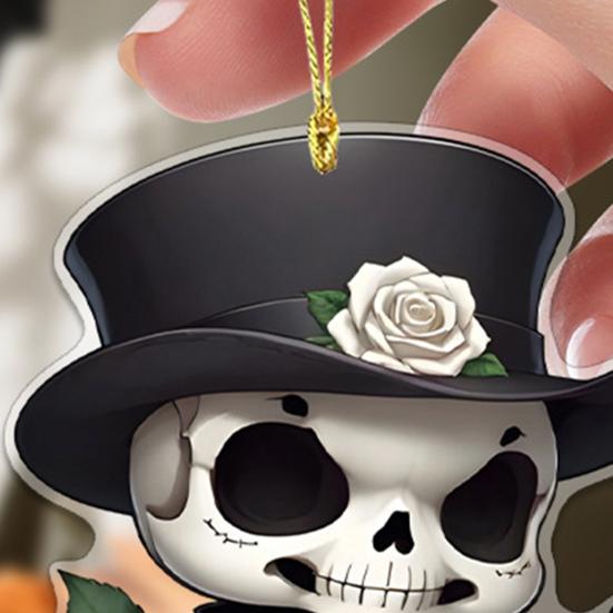 Skeleton Rose Pendant Car Rearview Mirror Ornament Acrylic 2D Bag Pendant Halloween Christmas Decoration Gift for Car Enthusiasts
