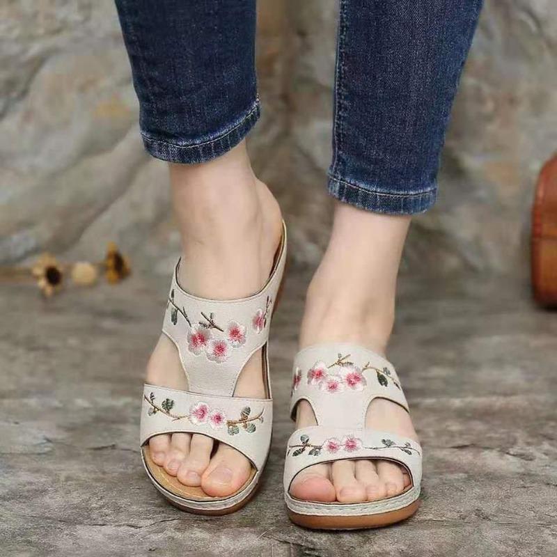 Cross-border Summer New Women's Shoes Hollow Flower Embroidered Sandals Wedge Heel Large Size Women's Slippers Women