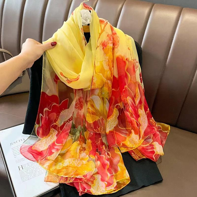 Women's Long Printed Silk Scarf - Ultra-Thin, All-Season, Middle-Aged Mother Style